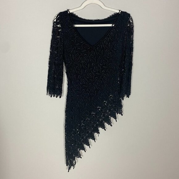 Nicole Bakti Tops - Nicole Bakti Assymetrical Lace Black 3/4 Sleeve Shirt Womens XS